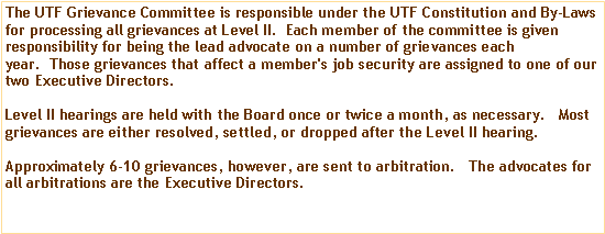 Text Box: The UTF Grievance Committee is responsible under the UTF Constitution and By-Laws for processing all grievances at Level II.  Each member of the committee is given responsibility for being the lead advocate on a number of grievances each year.  Those grievances that affect a member's job security are assigned to one of our two Executive Directors.
 
Level II hearings are held with the Board once or twice a month, as necessary.   Most grievances are either resolved, settled, or dropped after the Level II hearing.  Approximately 6-10 grievances, however, are sent to arbitration.   The advocates for all arbitrations are the Executive Directors.  